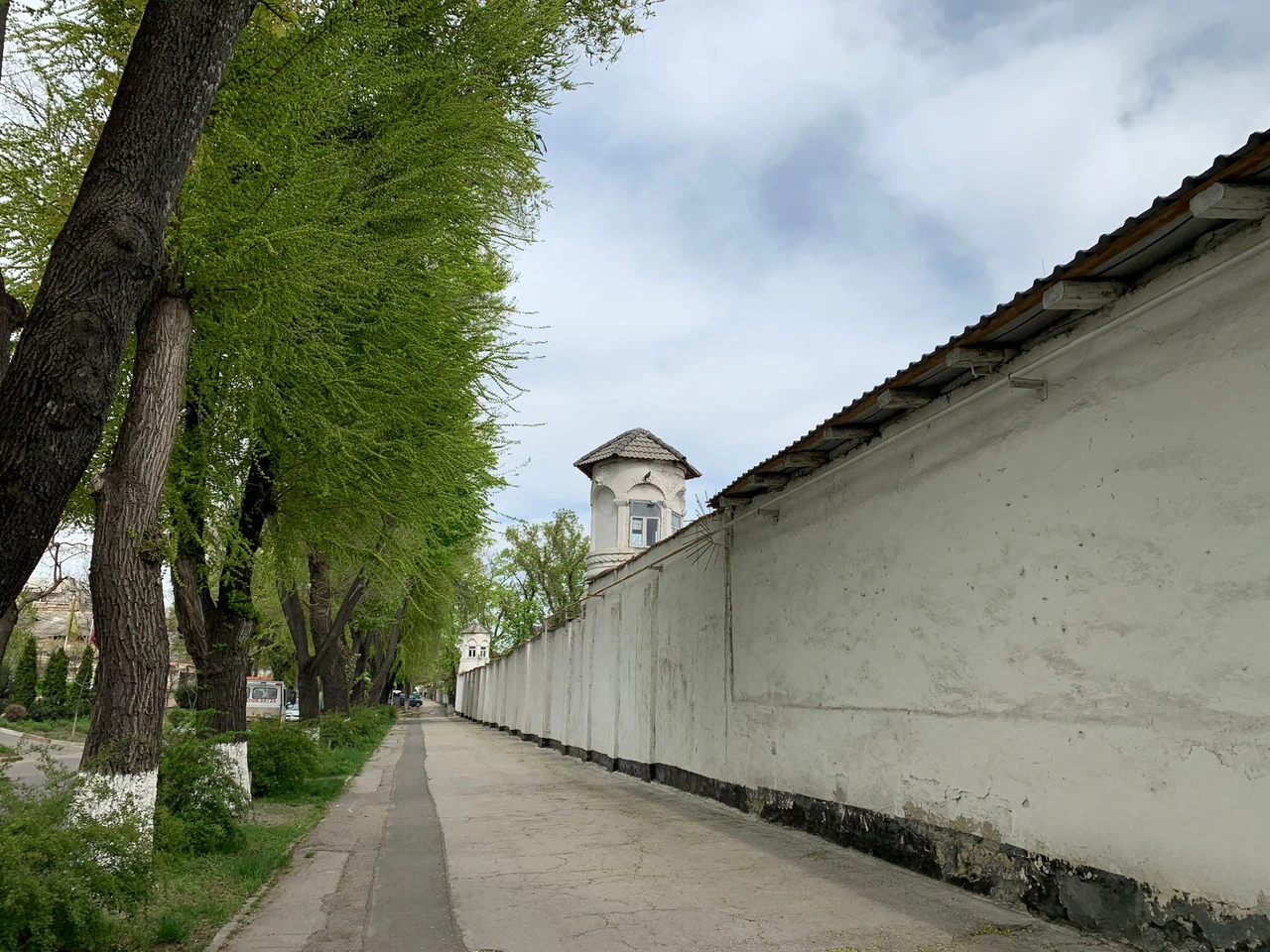 A quiet, tree-lined street in Moldova with a historic tower building, typical of Chisinau's walkable historic center