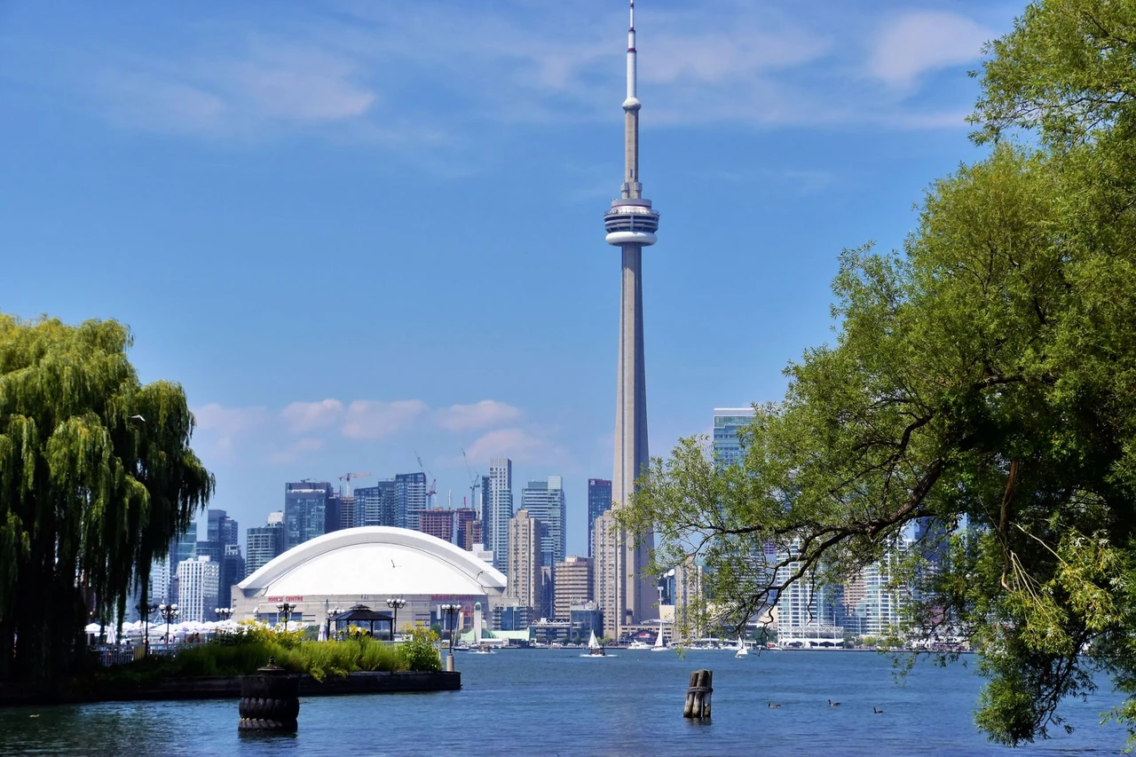 Toronto skyline with the CN Tower and Rogers Centre viewed from the waterfront